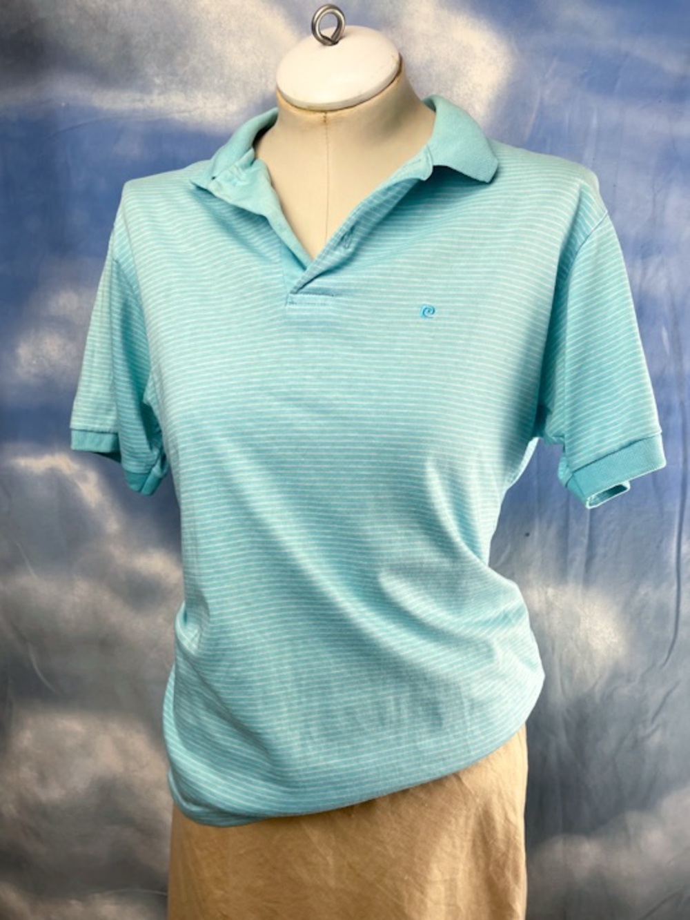 Pierre Cardin vintage 90s aqua blue striped polo shirt 100% cotton made in USA M